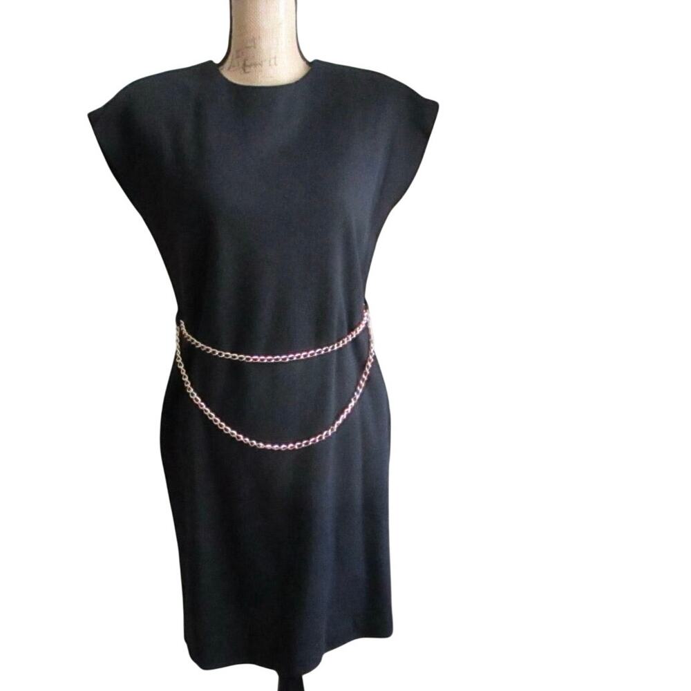 Vintage 80s Black Sheath Dress Size Small Midi Gold Statement Belt